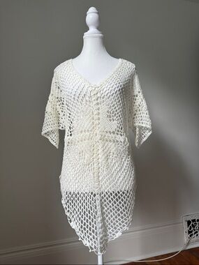 HANDMADE Cream Open Knit Napkin Hem Boho Festival Y2K Whimsical Fairy Shawl